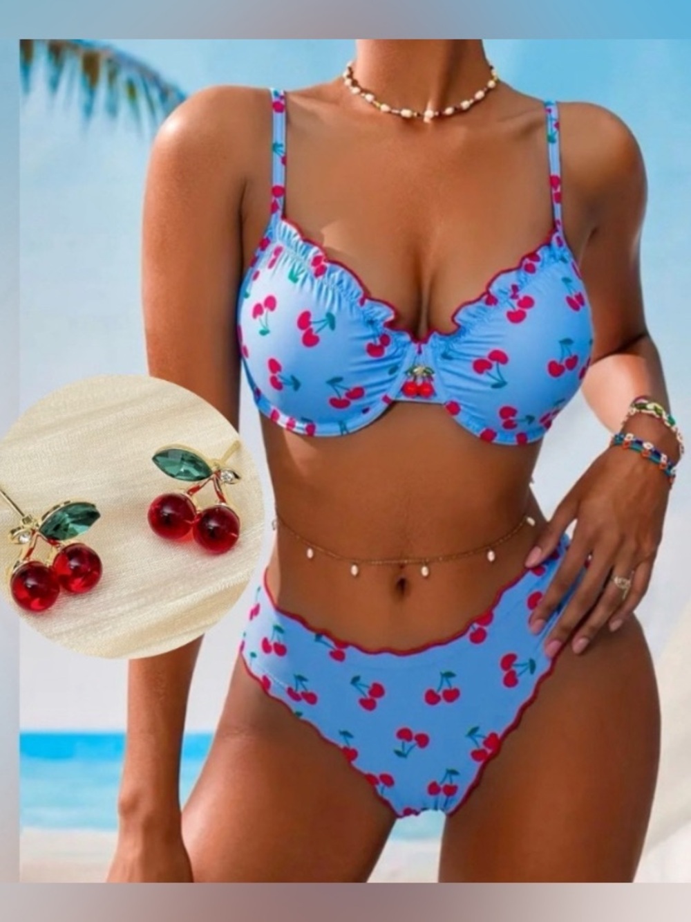 🎀🍒 Vibrant Blue & Red Cherry Bikini 2 Piece Swimsuit Set & FREE Earrings 🍒🎀 NWT